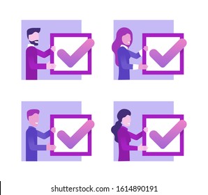 Checklist - check mark with people (four different variations) - isolated vector icons set for questionnaire, marketing, business strategy or testing illustration