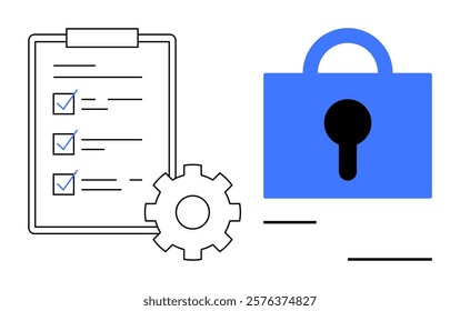 A checklist with check marks beside a gear and blue padlock. Ideal for project management online security data protection task completion and compliance. Simple clean vector style with black blue