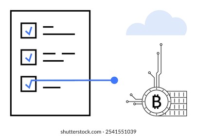 Uma lista de verificação com marcas de seleção, um símbolo de nuvem azul e um logotipo Bitcoin com linhas de circuito. Ideal para organização digital, criptomoeda, tecnologia blockchain, finanças e segurança on-line. Simples