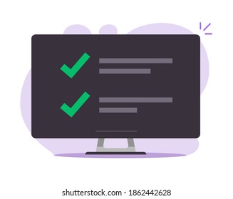 Lista de comprobación con marcas de verificación en línea en la ilustración de pantalla plana vectorial de ordenador, idea de aplicación de gestor de tareas, para hacer una lista con cosas programadas hechas, informe digital con casilla de verificación  
