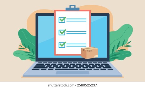 Checklist with checked boxes and shipment is on the laptop screen. Fields marked in green. Tracking the order and shipment of the package. Flat design vector illustartion.