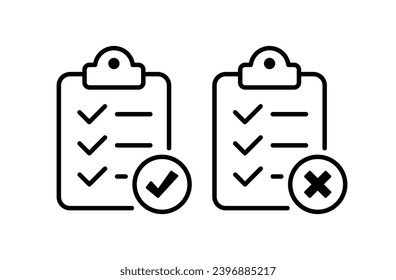 Checklist with checkmark and cross. Linear, checklist, checkmark and cross icons. Vector icons