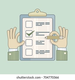 Checklist with checkmark on and pencil in hand grey. Vector illustration.