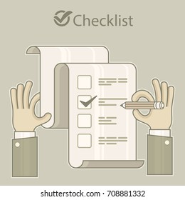 Checklist with checkmark on and pencil in hand on grey, vector illustration