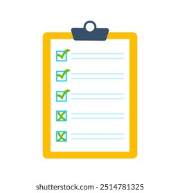 Checklist with checkmarks and crosses. Clipboard with checklist, checkmarks and crosses. Business document with green checkmarks and crosses