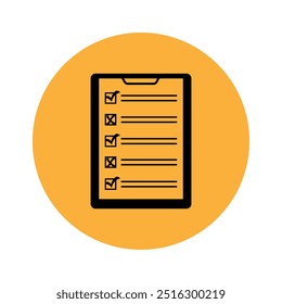 Checkliste mit Auswahlfeldern und Kreuzen auf orangefarbenem Hintergrund in Form eines Kreises. Zwischenablage mit Checkliste, Häkchen und Kreuzen. Geschäftsdokument mit Häkchen und Kreuzen