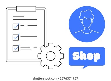 A checklist with checkmarks a gear icon a user profile circle and a shop speech bubble, in blue Efficient for business management user tasks customer service e-commerce planning and workplace