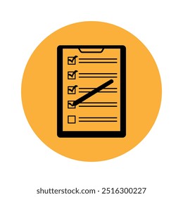 Checklist with checkmarks on an orange background in the form of a circle. Clipboard with checklist and check marks. Document with checkmarks and and pen