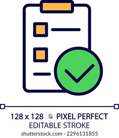Checklist with checkmarks pixel perfect RGB color icon. Marking task completion. Work controlling document. Isolated vector illustration. Simple filled line drawing. Editable stroke