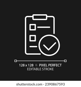 Lista de verificación con marcas de verificación píxel icono lineal blanco perfecto para el tema oscuro. Marcando la finalización de la tarea. Documento de control de trabajo. Ilustración de línea delgada. Símbolo aislado para el modo nocturno. Trazo editable