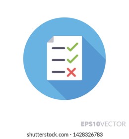 Lista de verificación con marcas de verificación e icono de redondeo de diseño plano cruzado. Símbolo de color de control de calidad o examen fallido. Ilustración vectorial de sombra larga en un círculo aislado sobre fondo blanco.