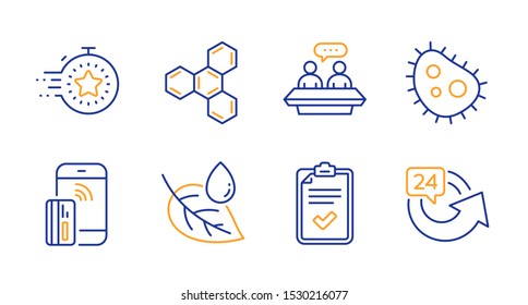 Checklist, Chemical formula and Bacteria line icons set. Leaf dew, Employees talk and Timer signs. Contactless payment, 24 hours symbols. Survey, Chemistry. Business set. Line checklist icon. Vector