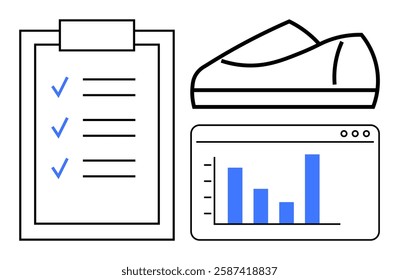 Checklist clipboard with blue checkmarks, running shoe, and performance chart with blue bars. Ideal for productivity, fitness, goal setting, health tracking, project management, data analysis