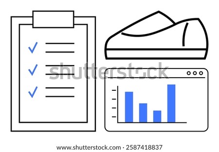 Checklist clipboard with blue checkmarks, running shoe, and performance chart with blue bars. Ideal for productivity, fitness, goal setting, health tracking, project management, data analysis