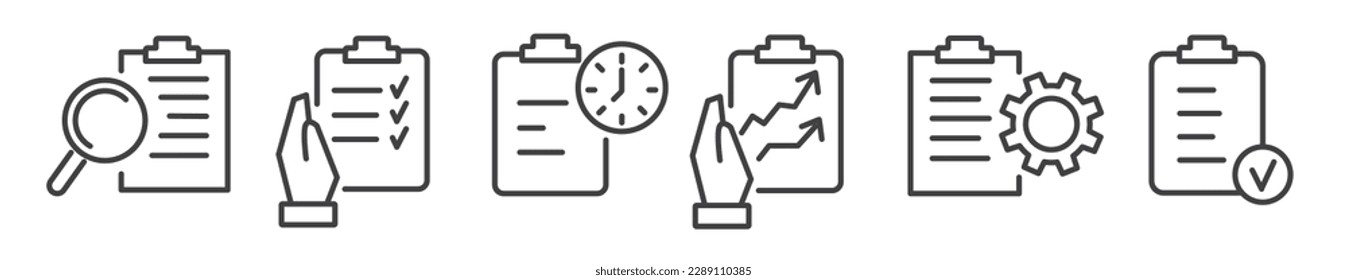 Checkliste und Zwischenablage Umrisssymbole und -zeichen - bearbeitbare Vektorgrafik-Symbolsammlung auf weißem Hintergrund