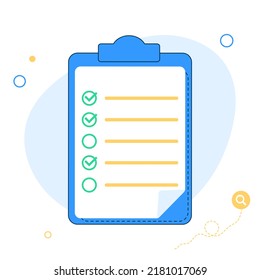 Checklist. Clipboard with check list and check marks. Marking checkboxes. Green checkmarks. Flat design. Vector illustration