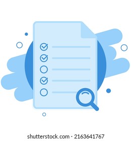 Checklist clipboard with check marks, tick icons and magnifying glass. Analysis, review, examination, checkup, inspection concepts. Flat cartoon design vector