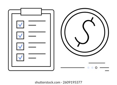 Checklist clipboard with checkmarks next to a dollar coin symbol. Ideal for finance management, budgeting, task completion, goal setting, productivity tracking, project management, and business