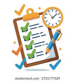 Checklist Clipboard with Clock - Gerenciamento de tempo e ilustração de produtividade