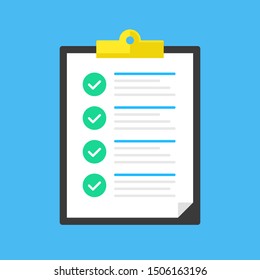 Checklist. Clipboard with green check marks. Document and checkmarks. Flat design. Vector illustration