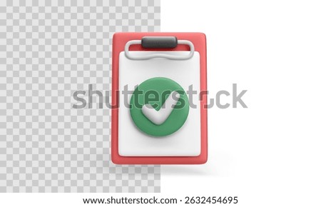 Checklist Clipboard with Green Checkmark Rendered in 3D Minimal Cartoon Style, Centered Front View with Rounded Edges and Soft Matte Finish, Ideal for Tasks, Success or Approval. Vector Illustration.