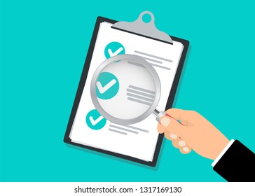 checklist clipboard and hand holding magnifying glass. illustration of search concept with check list on clipboard and magnifying glass. Financial accounting concept.