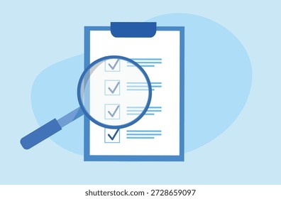 Icono del Portapapeles de la lista de comprobación con la marca de verificación y la Ilustración vectorial de la lupa