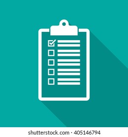 Checklist clipboard icon with long shadow. Flat design style. Checklist clipboard silhouette. Simple green icon. Modern flat icon in stylish colors. Web site page and mobile app design element.