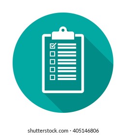 Checklist clipboard icon with long shadow. Flat design style. Round icon. Clipboard silhouette. Simple circle icon. Modern flat icon in stylish colors. Web site page and mobile app design element.
