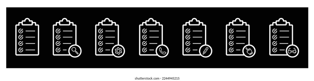 Checklist  Clipboard icon set.  Quality sign Check List flat line icon form on white background, Vector illustration