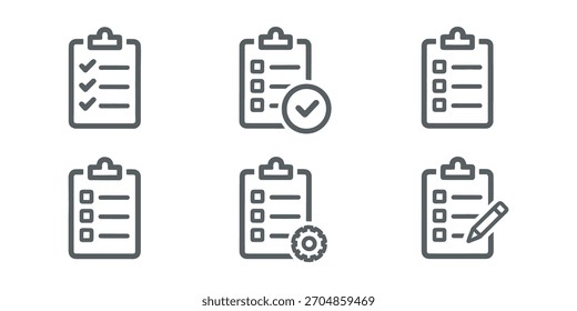 Conjunto de iconos de Portapapeles de lista de comprobación que muestra la administración de tareas, la finalización de proyectos, las Configuraciones, la edición y los símbolos de línea de planificación. Vector