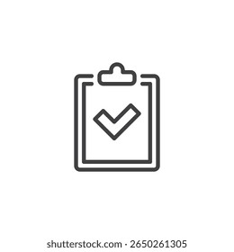 Ícone da linha da área de transferência da lista de verificação no estilo de vetor da estrutura de tópicos. Representa uma área de transferência com uma marca de seleção, usada para conclusão ou aprovação de tarefas. Ícone de lista e símbolo de auditoria.