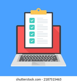Checkliste. Zwischenablage mit Checkliste auf Laptop-Bildschirm. Befragung, Checkliste, Antragsformular mit Prüfzeichen. Vektorgrafik