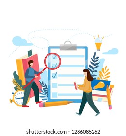 Checklist clipboard. Questionnaire, survey, task list. Concept to do list, done job, creative process for web page, presentation, banner, social media, cards and posters. Flat vector illustration