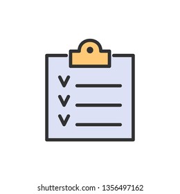 Checklist, clipboard, result paper flat color line icon.