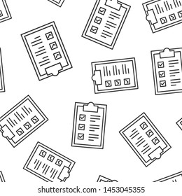 Checklist clipboard sign icon seamless pattern background. Document list vector illustration on white isolated background. Questionnaire notepad business concept.