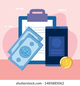 checklist clipboard with smartphone and money