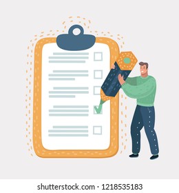 Checklist clipboard. Smiling man or businessman holding a pencil in his hand and doing mark. Questionnaire, survey, to-do list. Filling out forms, planning. Vector cartoon illustration