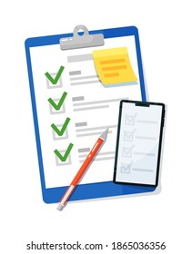 Checklist clipboard and survey form on mobile phone screen