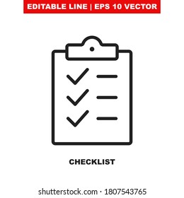 Checklist Clipboard Thin Line Vector Icon. Outline Check List With Questionnaire Form And Tick Checkmark. Clip Board With A Survey On Paper With Completed Mark. Todo Documentation. Editable Stroke V1