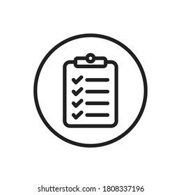 Checklist clipboard thin line vector icon. Outline check list with questionnaire form and tick checkmark. Clip board with a survey on paper with completed mark. Todo documentation. Editable stroke V3