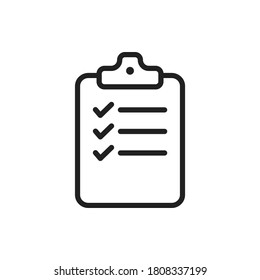 Checklist clipboard thin line vector icon. Outline check list with questionnaire form and tick checkmark. Clip board with a survey on paper with completed mark. Todo documentation. Editable stroke V2