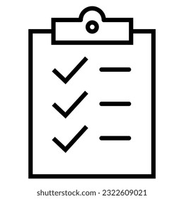 Checklist clipboard thin line vector icon. Outline check list with questionnaire form and tick checkmark. Clip board with a survey on paper with completed marks. Todo documentation