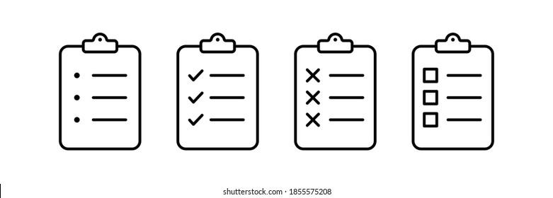 Checklist clipboard vector icon. check list sign outline isolated on white background. clip board pad symbol. complete document page, quality test mark. website stock illustration