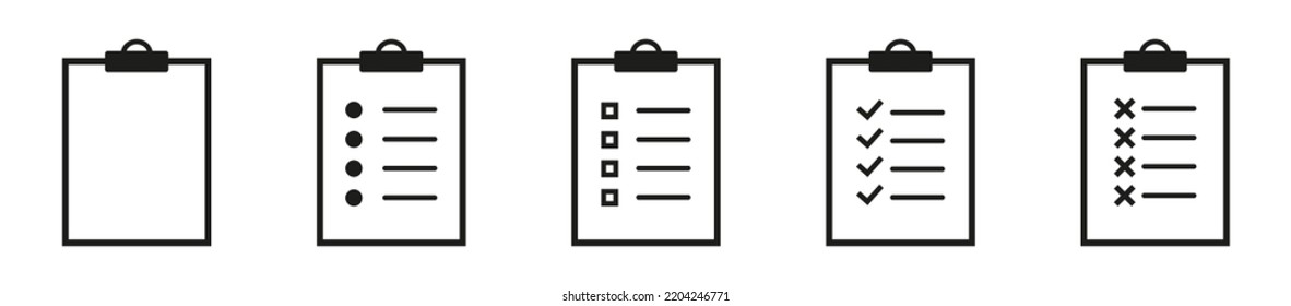 Vektorsymbole der Checkliste in der Zwischenablage.  Zwischenablage mit Markierungskreuz und Text.  Liniensymbol.  Legen Sie einfaches Design fest.  eps10