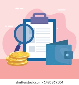 checklist clipboard with wallet and magnifying glass