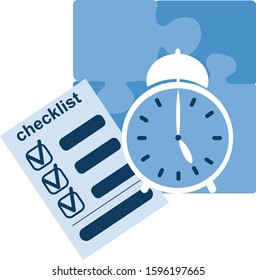 Checklist and clock. Concept of time managment, deadline, self control, self discipline, tasks and time. Vector illustration in flat blue design