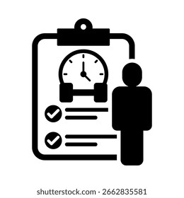 Checklist with Clock Icon. Discipline Icon. Consistency and Time Management. Task Completion Icon. Solid Black Style. Vector Illustration.