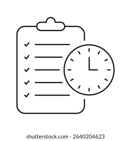 Checklist With Clock Line Icon. Task Management, Time Tracking, And Productivity Planning Outline Symbol. Efficient Workflow And Scheduling. Editable Stroke. Isolated Vector Illustration.
