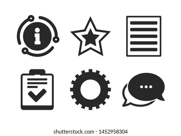Checklist and cogwheel gear sign symbols. Chat, info sign. Star favorite and menu list icons. Classic style speech bubble icon. Vector